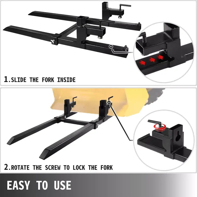 Vevor 43â€?Clamp On Pallet Forks with Adjustable Bar, 1500lb Capacity, Heavy Duty Steel for Tractors