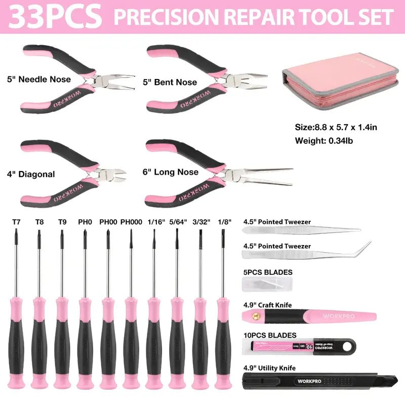 WORKPRO 33-Piece Precision Repair Tool Kit with Pliers â€?Pink Ribbon Edition