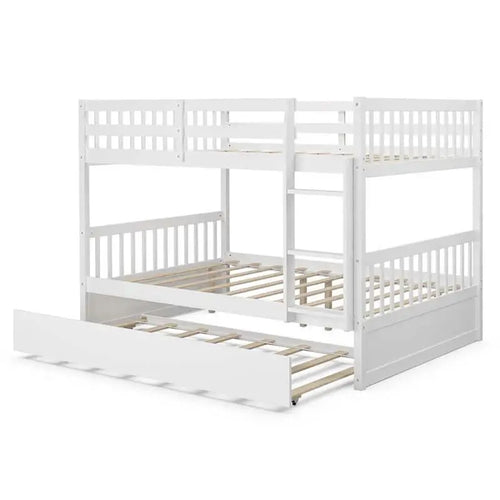 Solid Wood Full-Over-Full Bunk Bed with Trundle Drawer â€?Includes Safety Ladder, Guardrails & Convertible Design