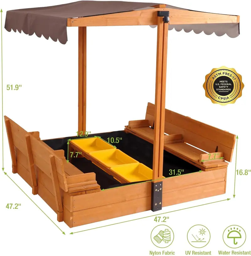 Wooden Outdoor Sandbox with Retractable Canopy â€?47â€?x 47â€?Sandpit Featuring Two Foldable Benches & Protective Liner