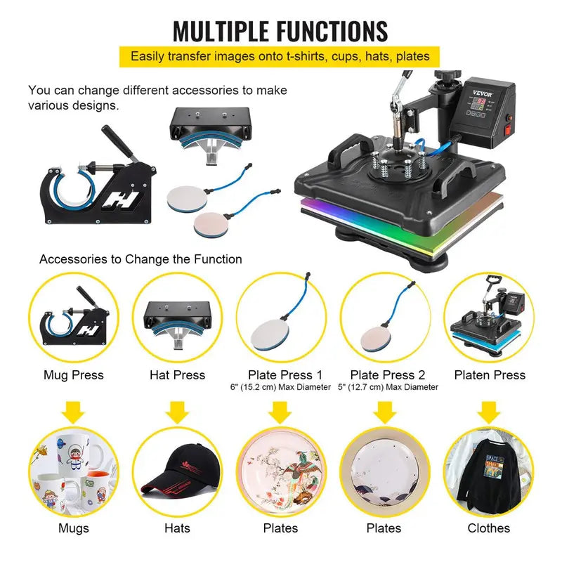 VEVOR 5 in 1 Heat Press Heat Press Machine Digital Multifunctional Sublimation T-Shirt Heat Press Machine for T Shirts Hat Mug Cap Plate