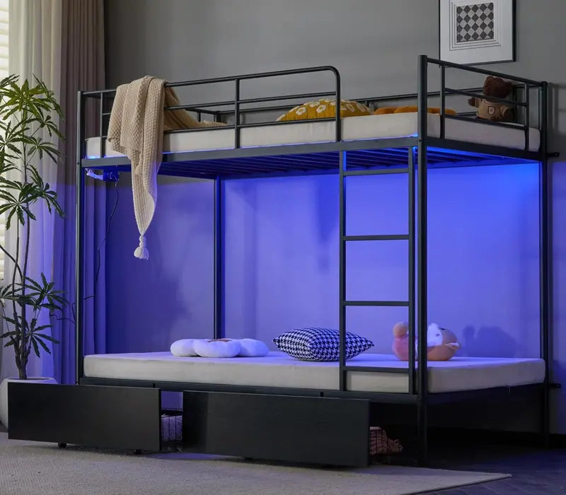 VINGLI Twin-over-Twin LED Bunk Bed â€?Non-Slip Ladder, Full-Length Guardrail, Modern Metal Frame