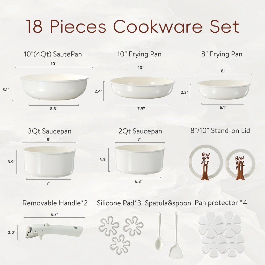 Carote 18 Pcs Ceramic Nonstick Cookware Set, Pots and Pans Set with Detachable Handles, Oven/Dishwasher Safe, Stackable Kitchen Cooking Set, White