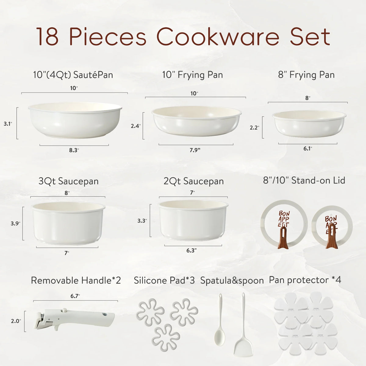 Carote 18 Pcs Ceramic Nonstick Cookware Set, Pots and Pans Set with Detachable Handles, Oven/Dishwasher Safe, Stackable Kitchen Cooking Set, White