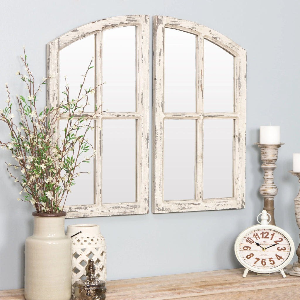 Jolene Arch Window Pane Mirrors Off - White 27" x 15" (Set of 2) by Aspire