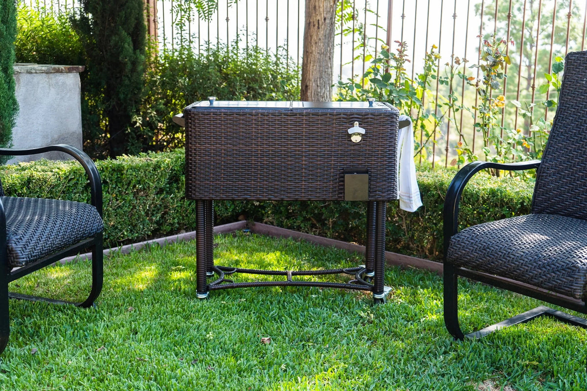 Permasteel 80 - QT Wicker Outdoor Patio Cooler, Hand - Woven Wicker Cooler Cart, Rolling Cooler on Wheels with Handle, Brown