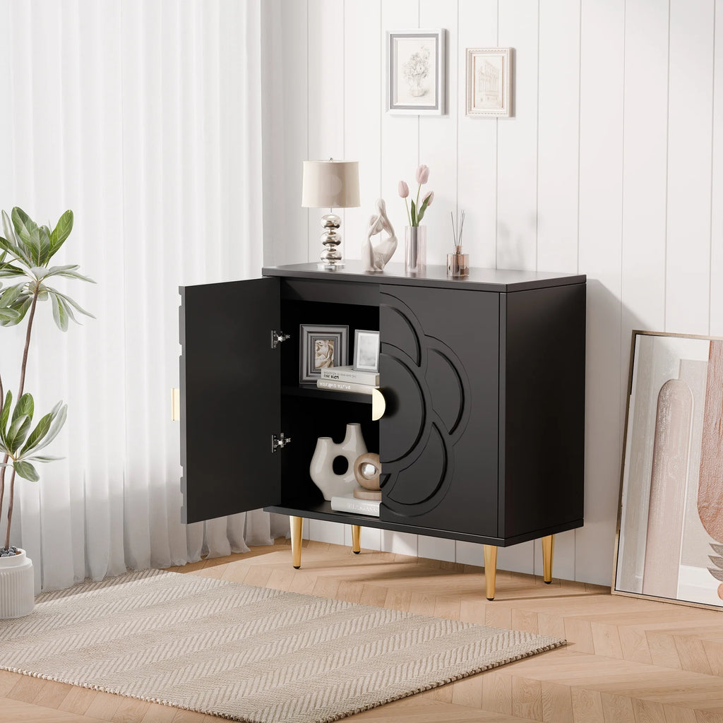 Tolead Modern Sideboard Buffet Cabinet with Flower Pattern Panel, 6 Shelves, White