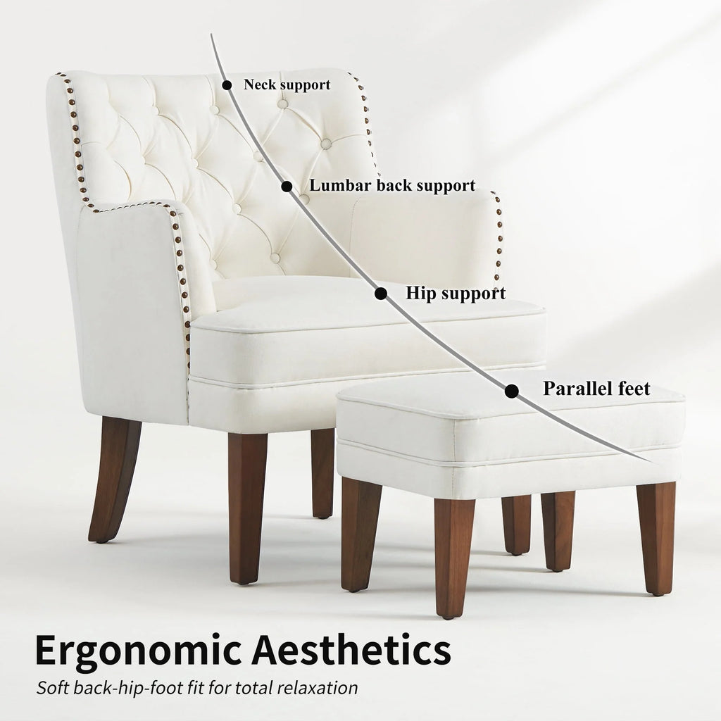 GERICCO Accent Chair with Ottoman Set, Club Armchair Indoor, Comfy Reading Chair and Ottoman for Bedroom Living Room, with Bronzer Nail Head Trim Wooden Legs(Beige)