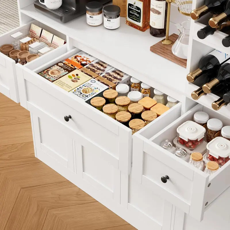 White 72-Inch Tall Kitchen Pantry â€?Integrated Wine Rack & Microwave Stand with Ample Storage