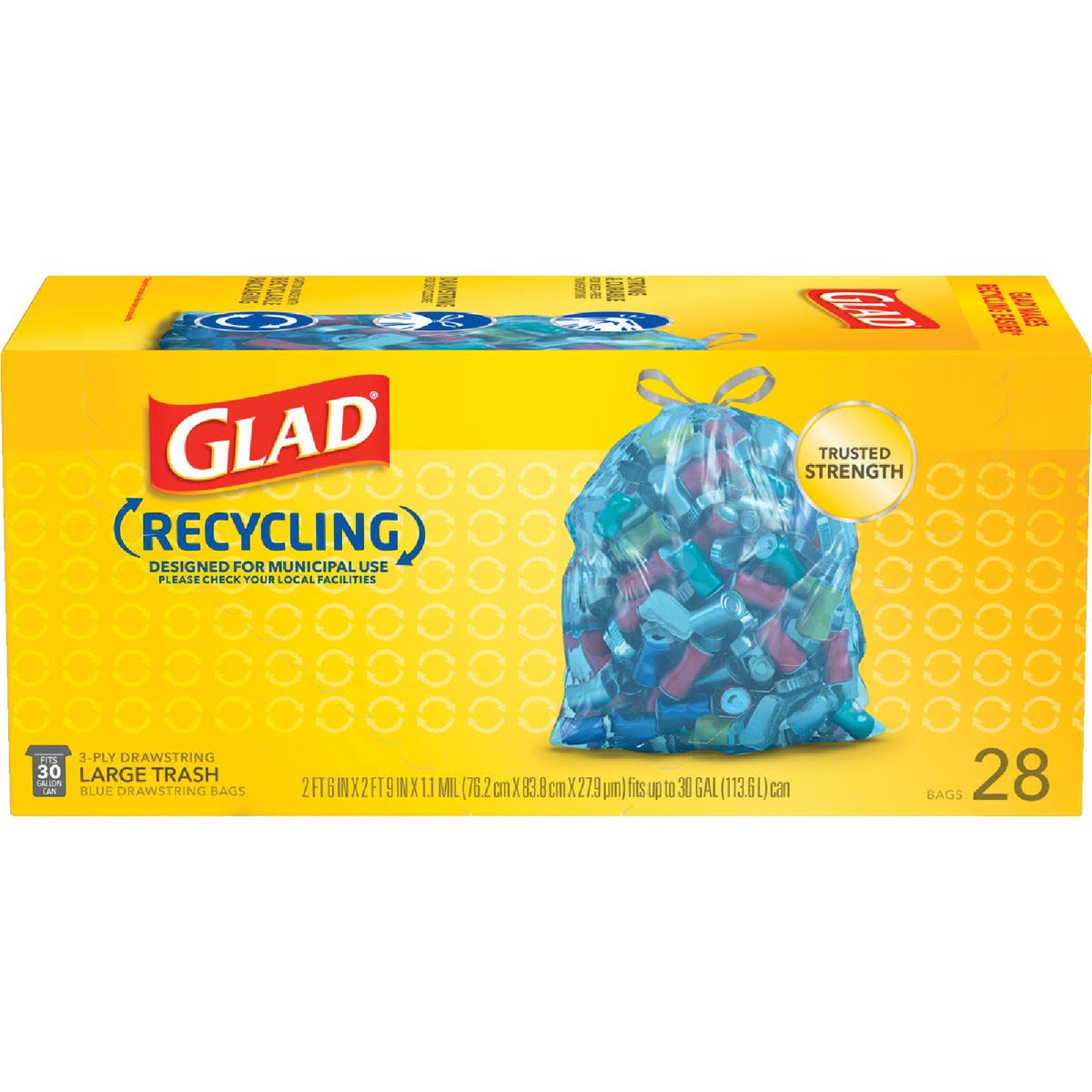 Glad Drawstring Bags, Recycling, Blue, Large, 30 Gallon - 28 bags