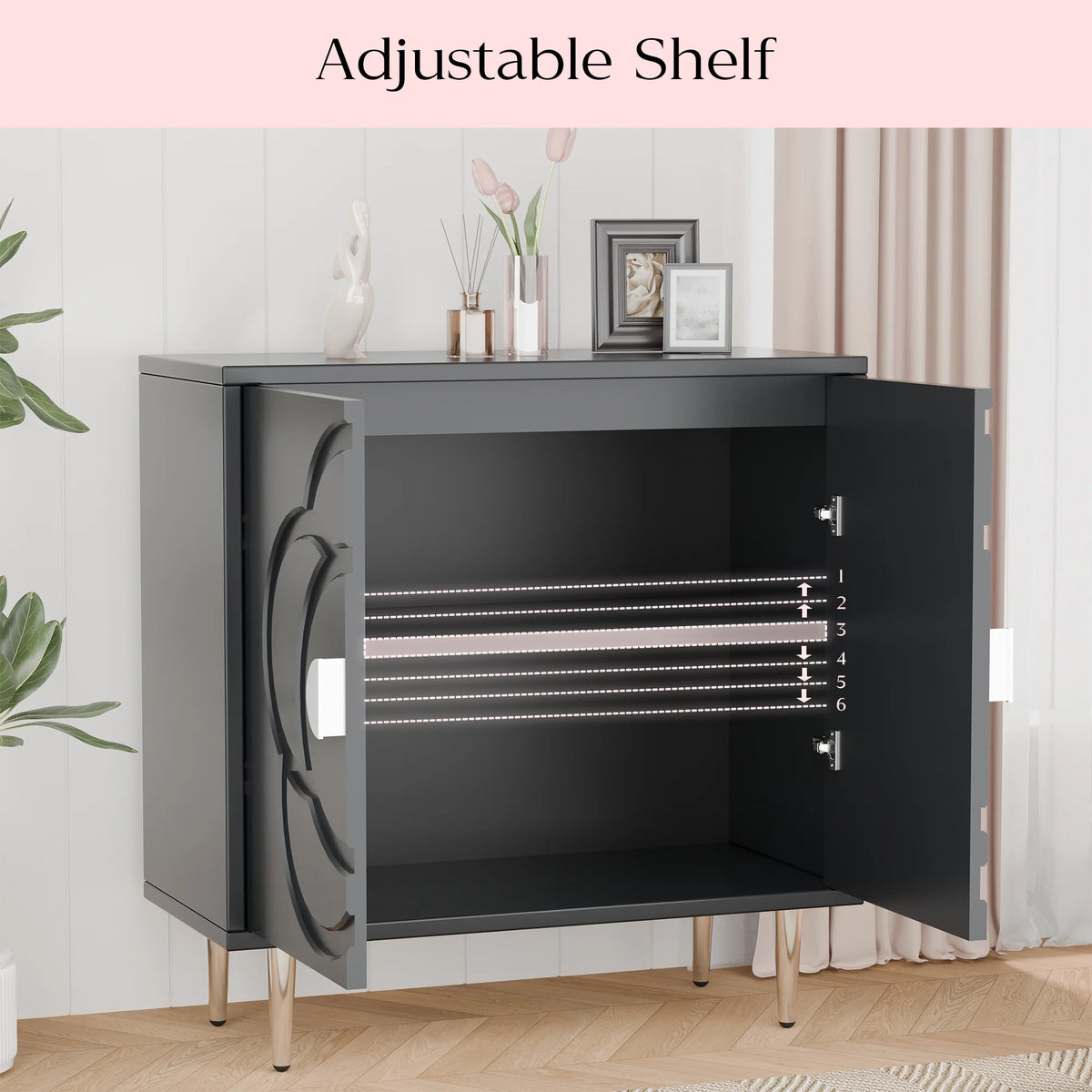 Tolead Modern Sideboard Buffet Cabinet with Flower Pattern Panel, 6 Shelves, White