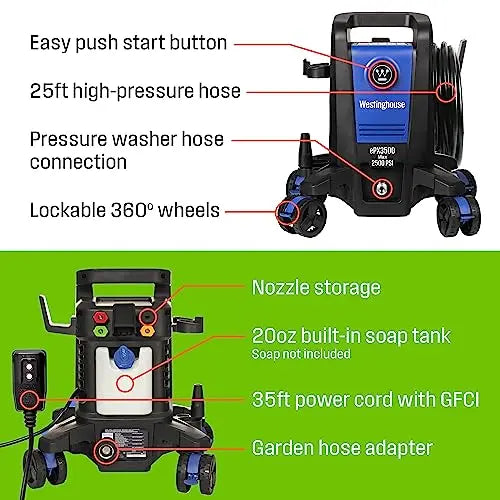 Westinghouse ePX3500 Electric Pressure Washer, 2500 PSI, 1.76 GPM, Compact Design, 17.5â€?Steel Wand, 25â€?Hose, 3-Year Warranty