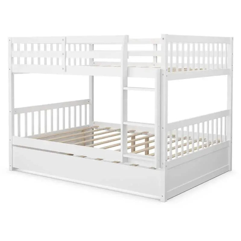 Solid Wood Full-Over-Full Bunk Bed with Trundle Drawer â€?Includes Safety Ladder, Guardrails & Convertible Design