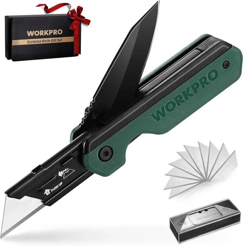 WORKPRO 2-in-1 Folding Utility Knife â€?Quick-Change Box Cutter with G10 Handle & 10 Blades