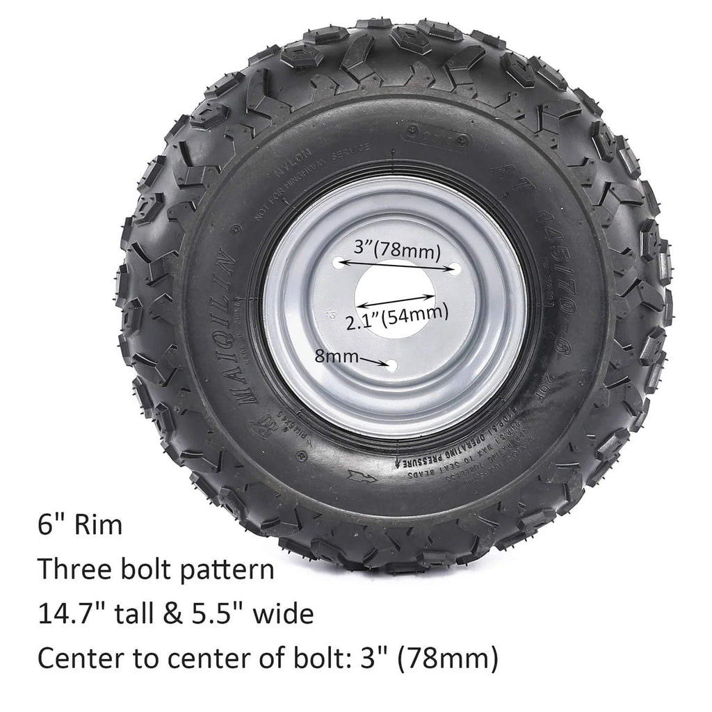 Set of 2 ATV Go Kart Tires 145/70 - 6 Tire with 6" Wheel Rims 3 Lug for Quad Mini Bike Go Cart Drift Trike 4 Wheelers Taotao Coolster 70cc 110cc 125cc Suzuki LT50 (2pcs)