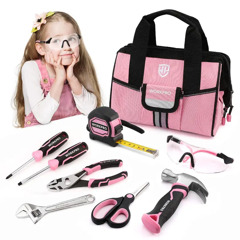 WORKPRO Kids' Junior Tool Set â€?9-Piece with Pink/Blue Bag â€?Pink Ribbon Edition