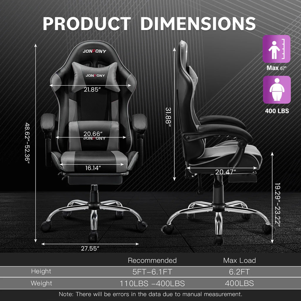 JONPONY Big and Tall Gaming Chair, Ergonomic Design, Gamer Chair PU Leather with Footrest and Lumbar Support, High Back Office Chair Support 8 Hours Long Sitting, Computer Chair, Black Grey
