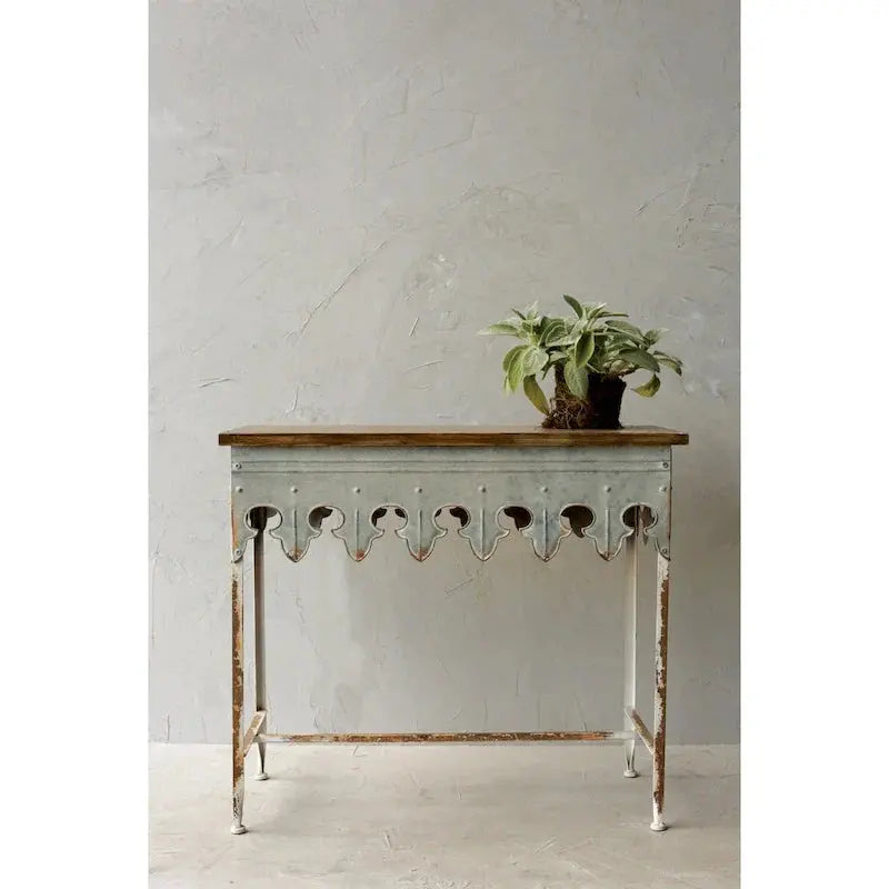 Zinc-Finished Scalloped Edge Sofa Table â€?Wood-and-Metal Accent Piece