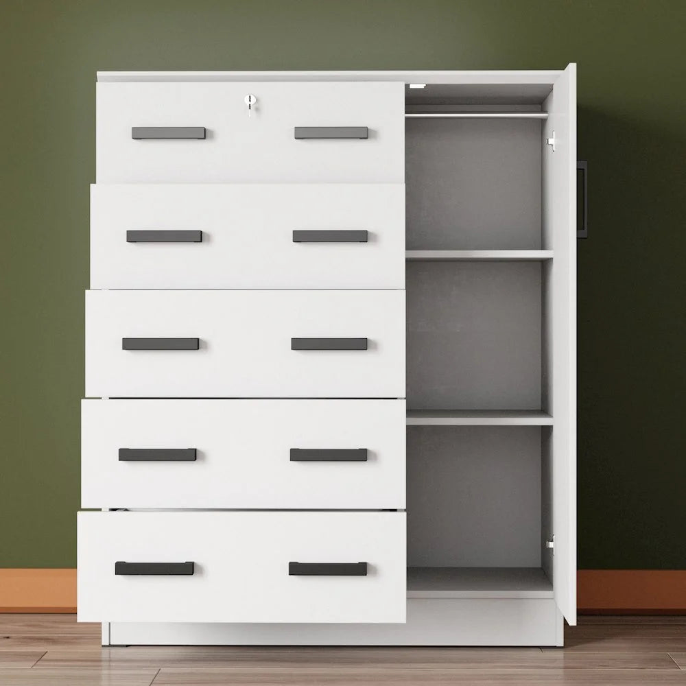 Better Home Products JCF Sofie 5 Drawer Wooden Tall Chest Wardrobe in Mahogany