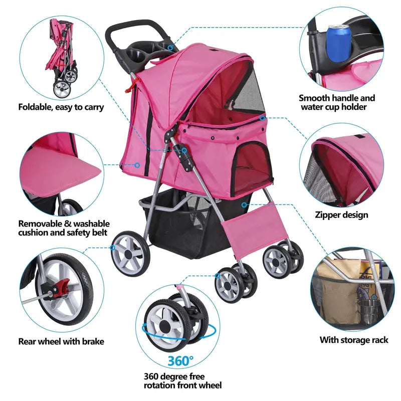 ZENY 4 Wheel Foldable Dog Pet Stroller â€?Pink