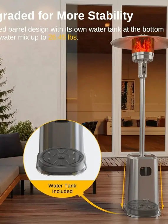 Stainless Steel Patio Heater with Table Design, 50,000 BTU, Safety System, Wheels, for Home & Commercial Use