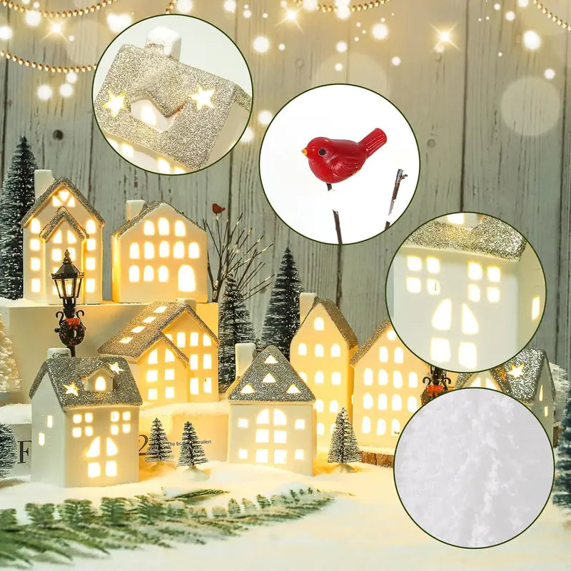 Spdmhyo 29-Piece Ceramic Christmas Village Set with LED Lights, Porcelain Houses, Trees & Lamps â€?White
