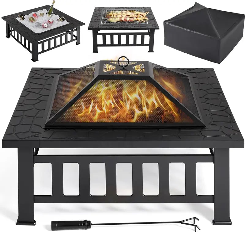 Yaheetech 32-Inch Square Fire Pit Table â€?Multifunctional Outdoor Heating Unit for Patios, Gardens, Camping & Picnics