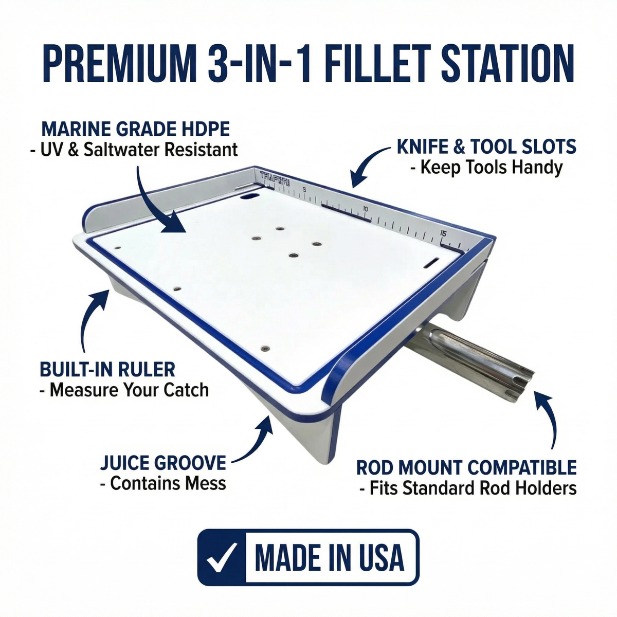 Premium Rod Mount 18" or 33" Raised Fillet Table â€?3-in-1 Bait & Fish Station | Fits Rod Holders, Buckets & Flat Surfaces | Marine-Grade HDPE | Ruler, Juice Groove, Knife & Tool Slots