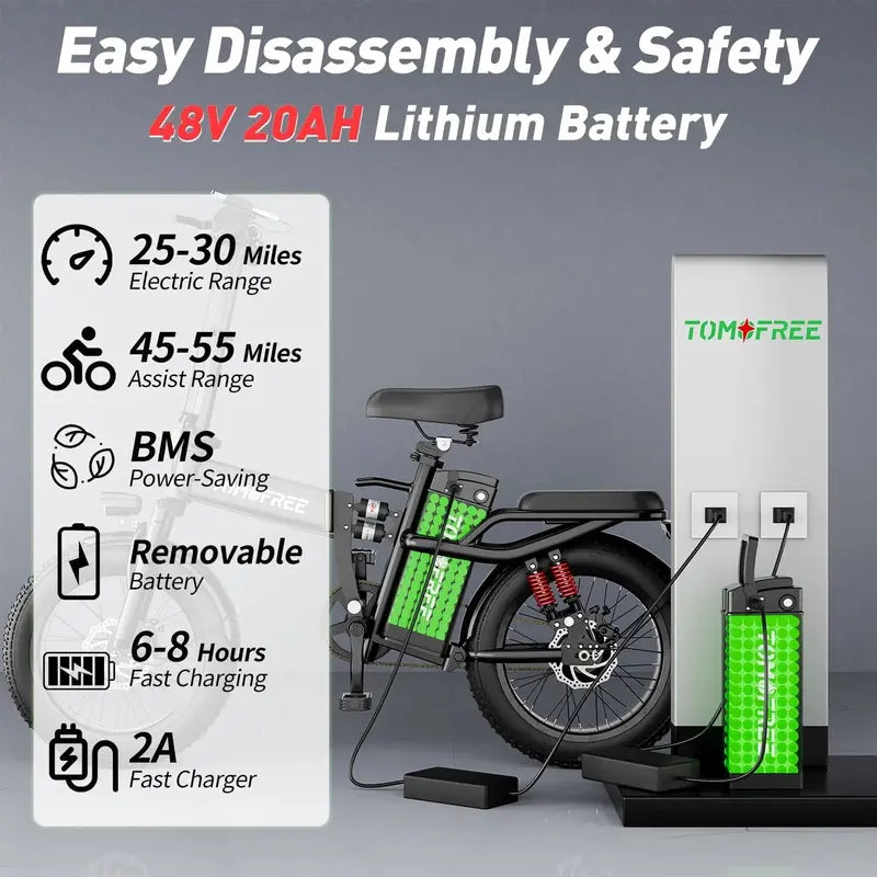 Tomofree T1 1200W Folding E-Bike â€?31 MPH Top Speed, 48V 20Ah Battery, 16×3â€?All-Terrain Tires, LED Display & 330 lb Load Capacity