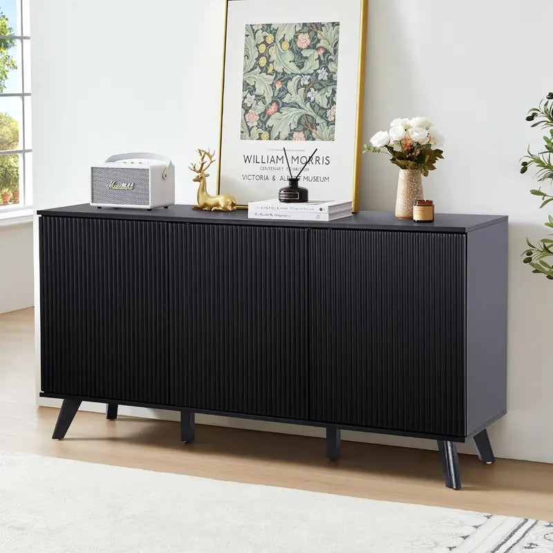 Walnut-Finish Modern Credenza â€?Fluted-Door Sideboard Buffet Cabinet for Kitchen, Dining or Entryway Spaces