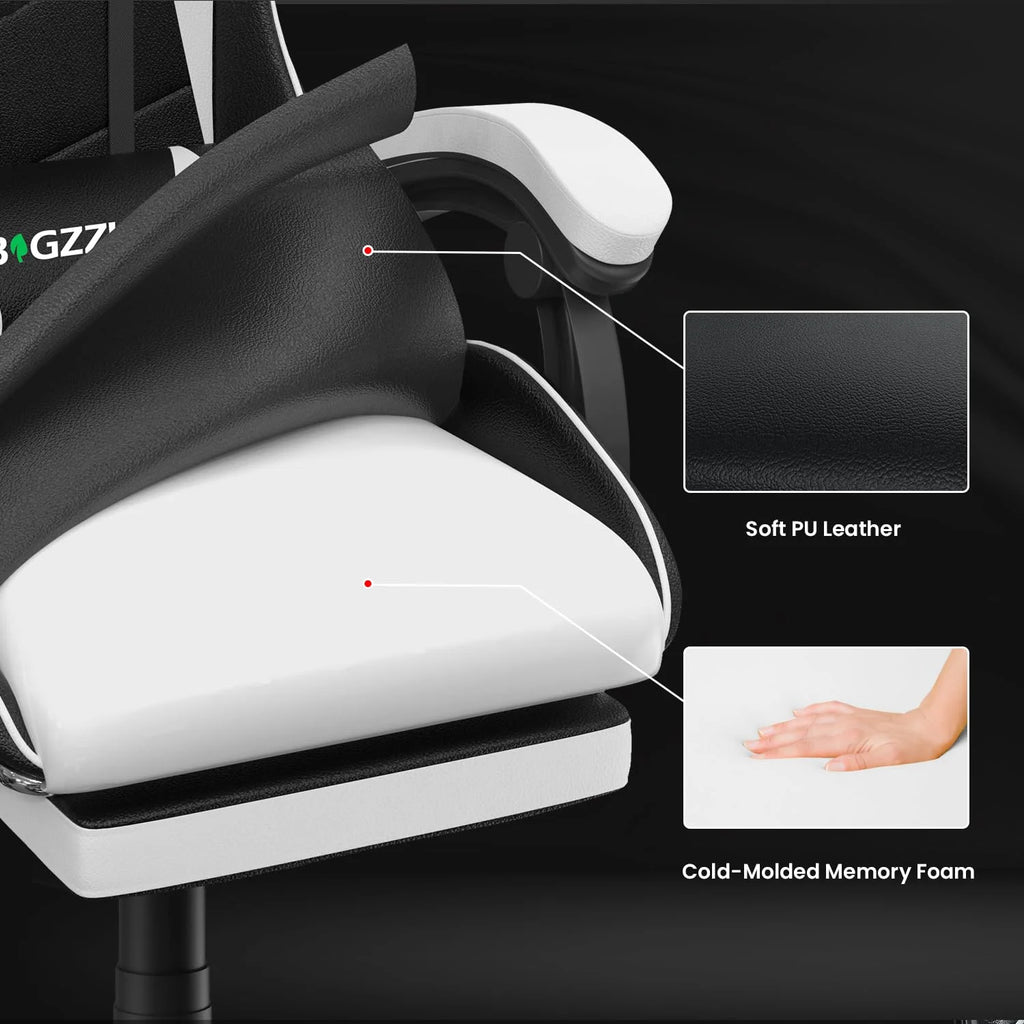 Bigzzia Gaming Chair Office Chair, Ergonomic Game Chair with Height Adjustable Headrest and Lumbar Support for Adults Teens, Black & White