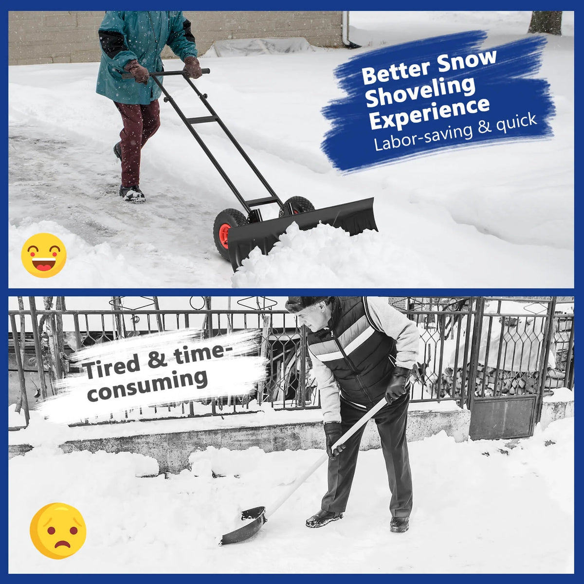 Costway 36" Snow Shovel Pusher with 10" Inflatable Wheels Adjustable Handle & Head Black