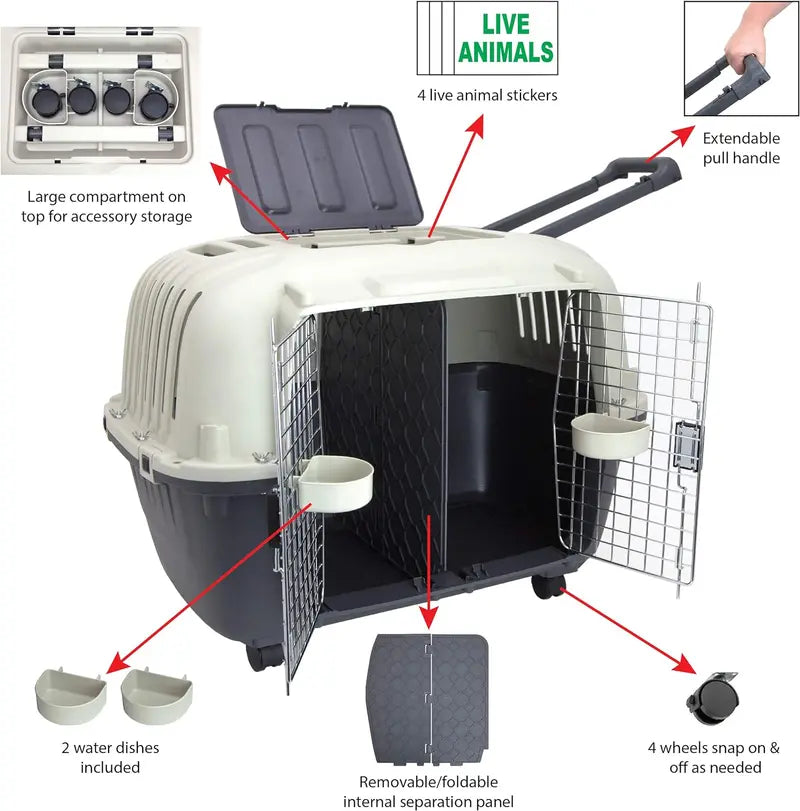 SportPet Designs Rolling Travel Dog Crate â€?Airline-Approved Plastic Kennel with Wire Door, XXX-Large Size, Gray