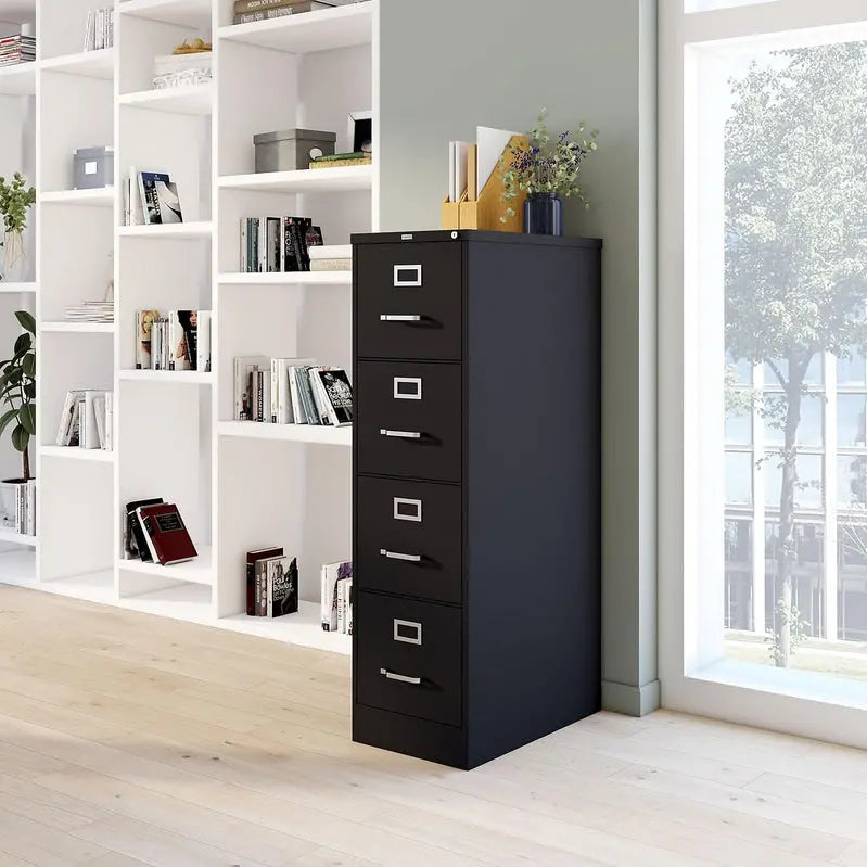 STAPLES 4-Drawer Lockable File Cabinet in Black â€?25-Inch Depth, 15-Inch Width