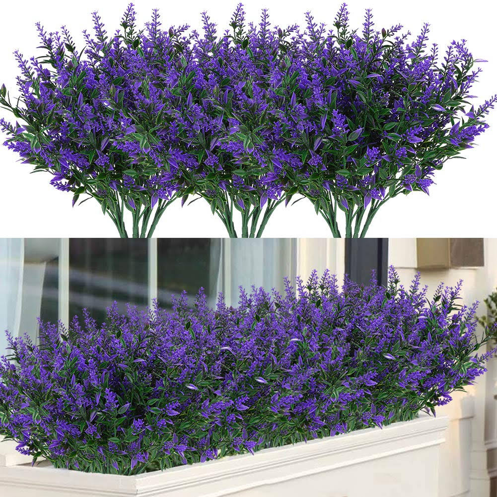 ArtBloom 16 Bundles Outdoor Artificial Lavender Fake UV Resistant No Fade Flowers Shrubs, Faux Plastic Greenery for Hanging Plants Garden Porch