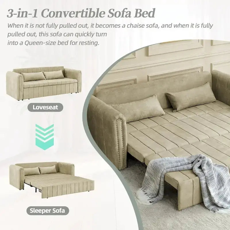 Velvet Upholstered Lounge Sleeper Sofa â€?Modern Rolled Arms with Decorative Copper Nailhead Trim