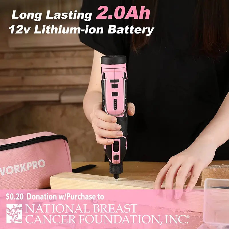 WORKPRO 12V Cordless Rotary Tool Kit â€?5-Speed Adjustable Mini Grinder with 114 Accessories and Pink Ribbon Packaging