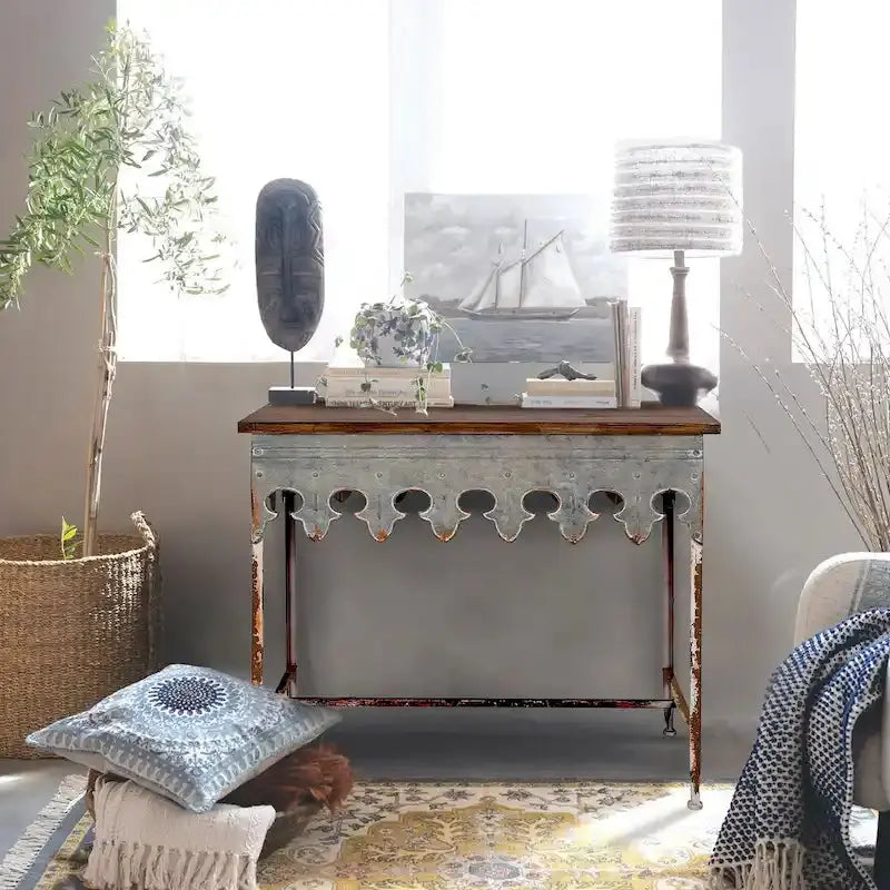 Zinc-Finished Scalloped Edge Sofa Table â€?Wood-and-Metal Accent Piece