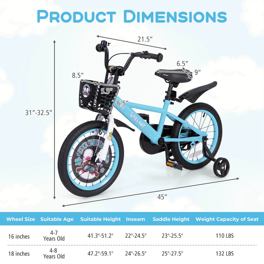 Costway 16" Kid'S Bike for 4 - 7 with Height - Adjustable Handlebar & Saddle Handbrake Blue