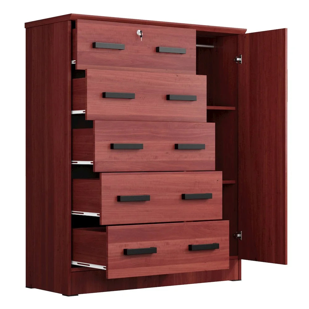 Better Home Products JCF Sofie 5 Drawer Wooden Tall Chest Wardrobe in Mahogany
