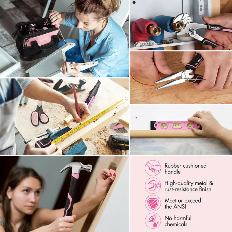 WORKPRO 157-Piece Household Tool Kit with 20V Cordless Drill Driver â€?Pink Ribbon Edition