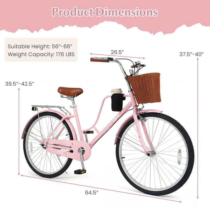 Women's 24/26-Inch Beach Cruiser â€?Cup Holder, Reflectors, Stylish Basket Design