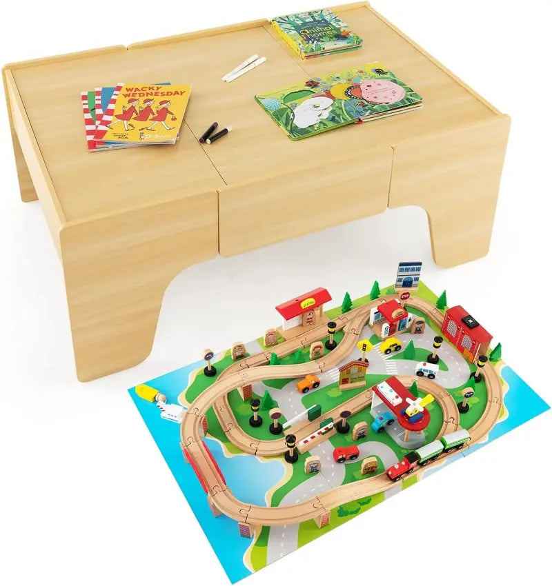 Wooden Dual-Activity Kids' Table with Flip-Up Top & Built-In Storage â€?100-Piece Train Set Featuring Tracks, Cars, and Accessories for Ages 3+