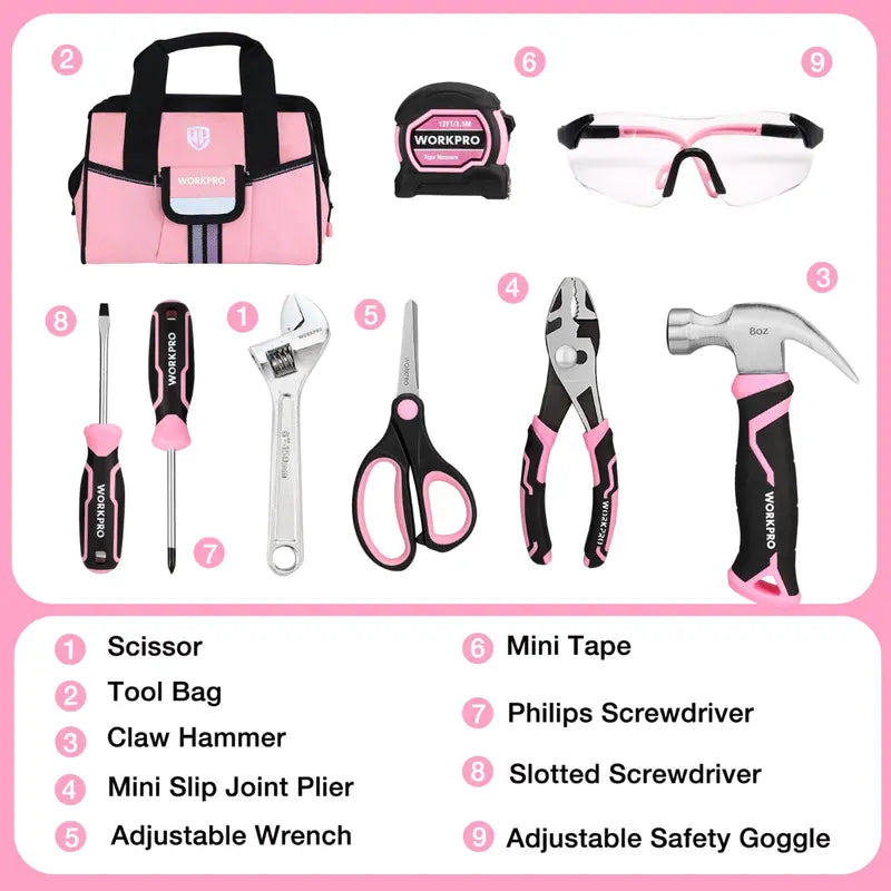 WORKPRO Kids' Junior Tool Set â€?9-Piece with Pink/Blue Bag â€?Pink Ribbon Edition