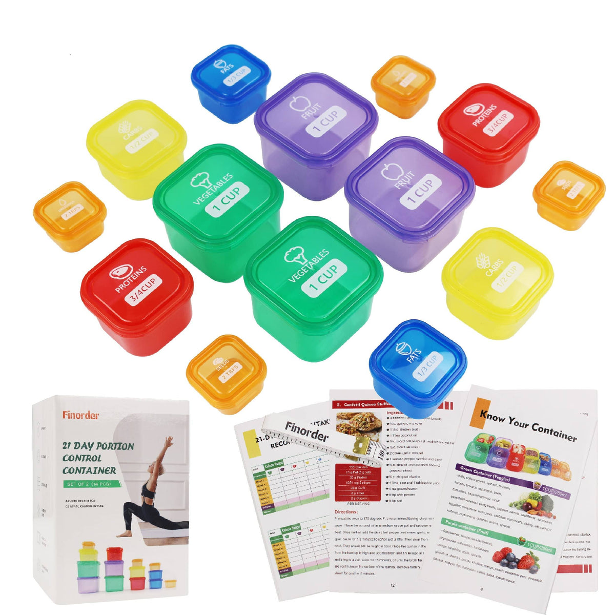Finorder 21 Day Portion Control Container Kit (14-Piece) with Complete Guide, BPA Free Food Portion Container Set for Meal Prep, 21 Day Lose Weight