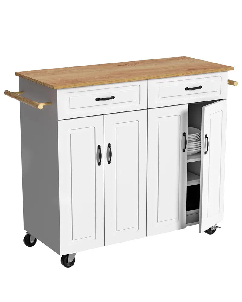 White Rolling Kitchen Island Cart with Storage â€?Wooden Countertop, 2 Drawers, 4 Cabinets, Towel Racks & Adjustable Shelves