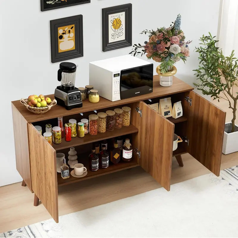 Walnut-Finish Modern Credenza â€?Fluted-Door Sideboard Buffet Cabinet for Kitchen, Dining or Entryway Spaces