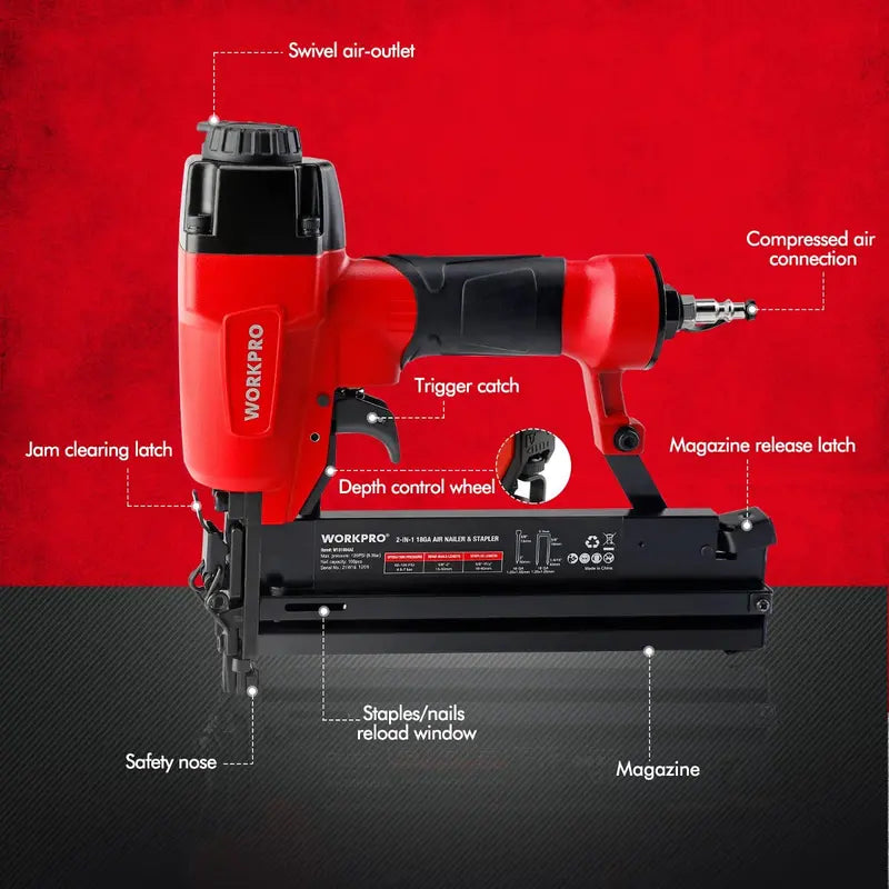 WORKPRO Dual-Function Pneumatic Brad Nailer â€?Includes 400 Brads & 300 Staples