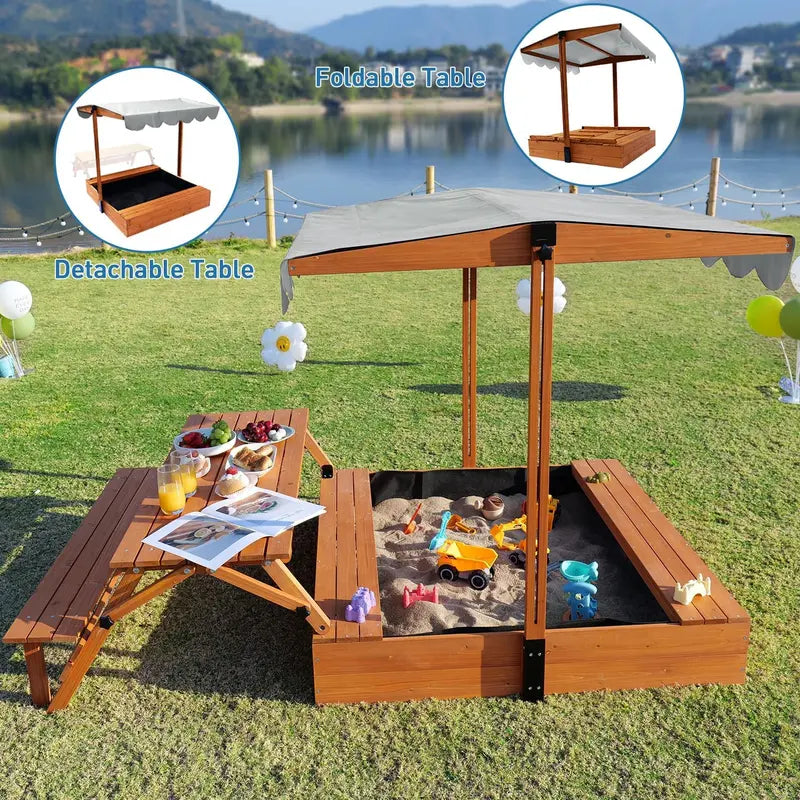 Wooden Outdoor Sandbox with Lid & Picnic Table â€?Foldable Sandpit with Protective Cover