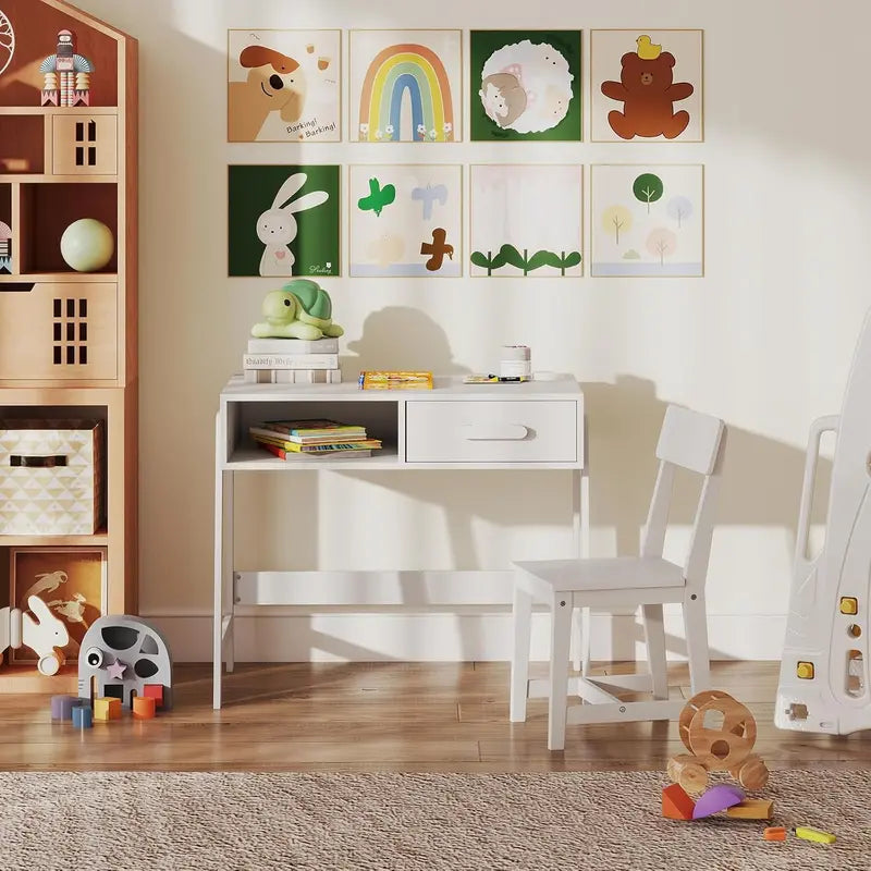 Wooden Kids' Desk and Chair Set with Storage Hutch & Drawer â€?Compact Study Station for Children Ages 3+ (White)